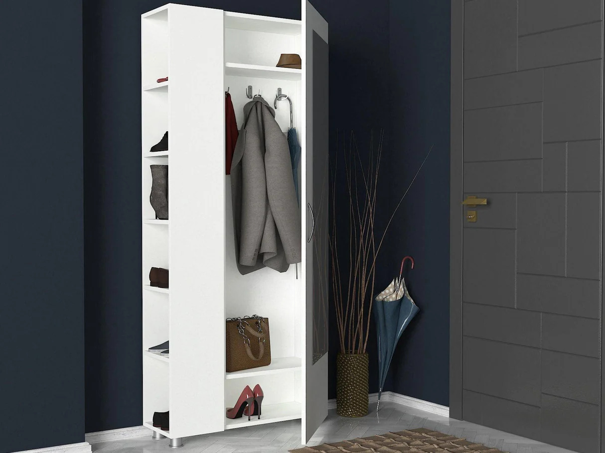 Cuier cu pantofar Meyra alb — 80x185x29 cm, all-in-one pentru hol Cuier cu pantofar combinat Meyra, alb, 80x185x29 cm, pentru hol lung și îngust