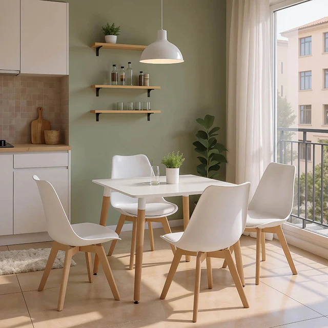 Set masă cu scaune bucătărie Gaston alb: 5 piese, MDF, 80x80 cm Set masă cu scaune de bucătărie Gaston, alb, MDF, 80x80x76 cm, 4 scaune incluse